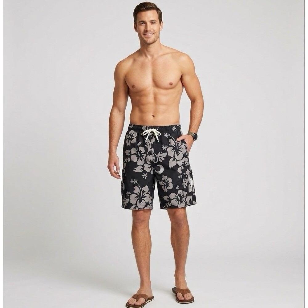 NWOT US Polo Assn Swim Trunks Mens L Black Hawaiian Floral Cargo Board Shorts